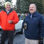 KPBSD Superintendent Sean Dusek and Redoubt Elementary Principal Bill Withrow join kids walking to school.