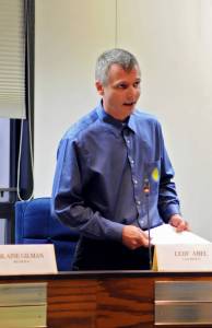 Leif Abel, co-owner of standard cannabis cultivation facility Greatland Ganja and a former member of the Kenai Peninsula Borough&rsquo;s Marijuana Task Force, advocates for voters to oppose Proposition 1 in the borough&rsquo;s Oct. 3 municipal regular election during a debate with former assembly president Blaine Gilman on the topic hosted by the Central Peninsula League of Women Voters on Wednesday, Sept. 13, 2017 in Soldotna, Alaska. Proposition 1 would ban commercial cannabis operations in the borough outside city limits. (Photo by Elizabeth Earl/Peninsula Clarion)