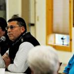 Dale Bagley (center), a candidate for Kenai Peninsula Borough mayor, answers a question during a forum with fellow candidates Linda Hutchings (left) and Charlie Pierce (right) at the Funny River Community Center on Thursday, Aug. 16, 2017 in Funny River, Alaska. (Photo by Elizabeth Earl/Peninsula Clarion, file)