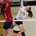 Nikiski sophomore Kaycee Bostic tips a pass from Anchorage Christian middle hitter Mary Kate Parks (1) Friday at Nikiski High School. (Photo by Joey Klecka/Peninsula Clarion) Nikiski sophomore Kaycee Bostic tips a pass from Anchorage Christian middle hitter Mary Kate Parks (1) Friday at Nikiski High School. (Photo by Joey Klecka/Peninsula Clarion)