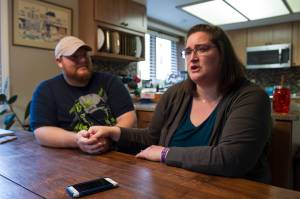 Juneau residents Hilary Rehfield-Green and her husband, Ryan Green, talk Wednesday, Oct. 4, 2017, about surviving the mass shooting at the Route 91 Harvest Music Festival in Las Vegas last weekend. (Michael Penn | Juneau Empire)