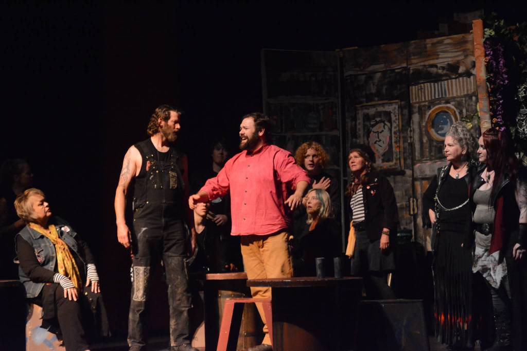 Curtis Jackson, left, as Judas, and Kyle Schneider, right, as Jesus, rehearse a scene from &ldquo;Jesus Christ Superstar&rdquo; on Monday, Oct. 2, 2017 at the Mariner Theatre in Homer, Alaska. The musical opens Friday, Oct. 6. (Photo by Michael Armstrong, Homer News)