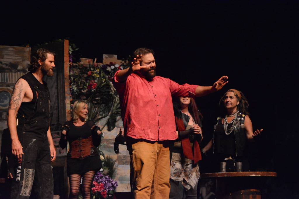 Kyle Schneider, right, as Jesus and Curtis Jackson, left, as Judas, rehearse a scene from &ldquo;Jesus Christ Superstar&rdquo; on Monday, Oct. 2, 2017 at the Mariner Theatre in Homer, Alaska. The musical opens Friday. (Photo by Michael Armstrong, Homer News)