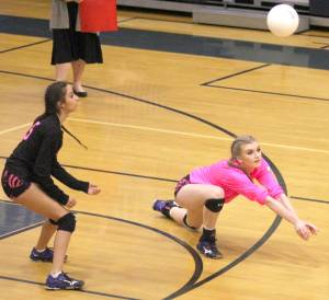 Soldotna&rsquo;s Kodi McGillivray picks up a dig during a 3-1 loss to Palmer on Thursday, Oct. 12, 2017, at Palmer High School. (Photo by Jeremiah Bartz/Frontiersman)