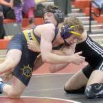 Homer&rsquo;s Mose Hayes and Nikiski&rsquo;s Koleman McCaughey scramble at the Luke Spruill Memorial Tournament at Kenai Central High School on Saturday, Oct. 14, 2017. McCaughey notched an 11-5 victory on the way to winning the title at 152B. Hayes was second. (Photo by Jeff Helminiak/Peninsula Clarion)