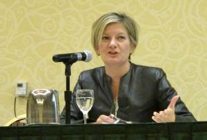 Alaska State Attorney General Jahna Lindemuth speaks at the Alaska Native Law Conference Tuesday in Anchorage. Lindemuth outlined the state&rsquo;s position on the traditional form of tribal justice known as banishment. (AP Photo/Rachel D&rsquo;Oro)