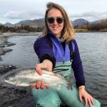 Novice fly angler and writer of this story holds out a rainbow trout she managed to catch on her first fly fishing trip with Michael Tuhy and Brant Koetting of Tower Rock Lodge in the Upper River Kenai in Alaska on Oct. 11. (Photo by Kat Sorensen/Peninsula Clarion) Novice fly angler and writer of this story holds out a rainbow trout she managed to catch on her first fly fishing trip with Michael Tuhy and Brant Koetting of Tower Rock Lodge in the Upper River Kenai in Alaska on Oct. 11, 2017. (Photo by Kat Sorensen/Peninsula Clarion)