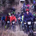 The field of cyclists take off in the Polar Vortex bicycle race Saturday afternoon at the Tsalteshi Trails in Soldotna. (Photo by Joey Klecka/Peninsula Clarion)