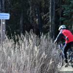 A cyclist races by the trailhead sign in the Polar Vortex bicycle race Saturday afternoon at the Tsalteshi Trails in Soldotna. (Photo by Joey Klecka/Peninsula Clarion)