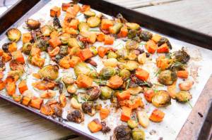 This Oct. 16 photo shows roasted sweet potato and Brussels sprouts hash in Bethesda, Md. This dish is from a recipe by Melissa d&rsquo;Arabian. (Melissa d&rsquo;Arabian via AP)