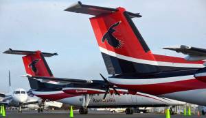 Aircraft diverted by fog from flights to Anchorage or Kodiak &mdash; including a trio of Ravn Alaska DeHaviland Dash Eights, two of which are pictured here &mdash; sit in front of the Kenai Municipal Airport terminal on Thursday, Nov. 2, 2017 in Kenai, Alaska. Fog throughout the Cook Inlet region has been hampering flight schedules all week &mdash; on Monday and Tuesday it grounded planes at the Kenai airport; shifting northward later in the week, it has prevented landings in Anchorage. (Ben Boettger/Peninsula Clarion)