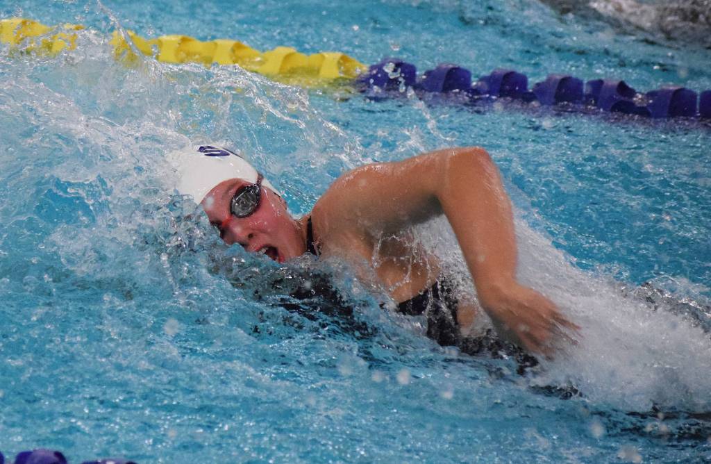 Soldotna&rsquo;s Sydney Juliussen competes in the girls 50-yard freestyle Saturday at the ASAA First National Bank State Swimming & Diving Championships at the Bartlett High pool. Juliussen finished second to lead all peninsula finishers on the day. (Photo by Joey Klecka/Peninsula Clarion)