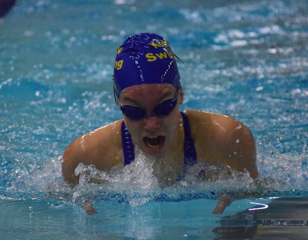 Homer&rsquo;s Madison Story races in the girls 200-yard Individual Medley Saturday at the ASAA First National Bank State Swimming & Diving Championships at the Bartlett High pool. (Photo by Joey Klecka/Peninsula Clarion)
