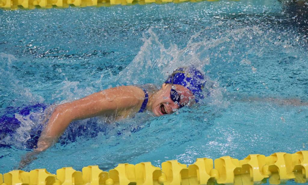 Homer&rsquo;s Madison Story races in the girls 200-yard Individual Medley Saturday at the ASAA First National Bank State Swimming & Diving Championships at the Bartlett High pool. (Photo by Joey Klecka/Peninsula Clarion)