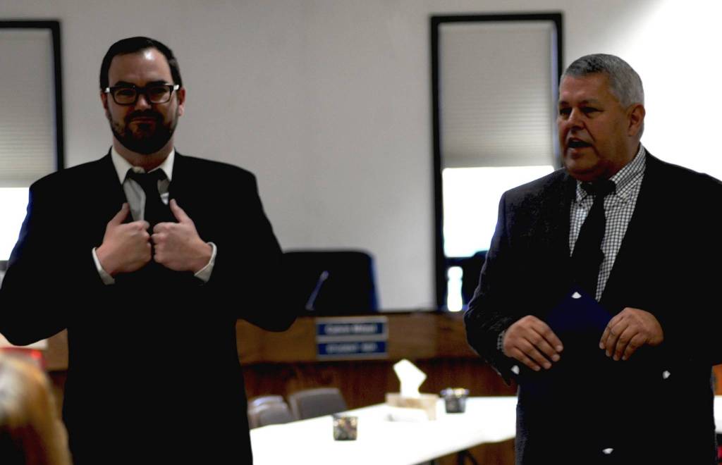Borough Mayor Charlie Pierce and Chief of Staff John Quick speak to the attendees at Pierce&rsquo;s swearing-in ceremony at the George A. Navarre Borough Administration Building on Monday, Nov. 6, 2017 in Soldotna, Alaska. Monday marked Pierce&rsquo;s first official day on the job, though he and Quick spent part of last week in the borough building working on the transition of administrations with former mayor Mike Navarre. (Photo by Elizabeth Earl/Peninsula Clarion)