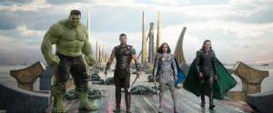 This image released by Marvel Studios shows the Hulk, from left, Chris Hemsworth as Thor, Tessa Thompson as Valkyrie and Tom Hiddleston as Loki in a scene from, &ldquo;Thor: Ragnarok.&rdquo; (Marvel Studios via AP)
