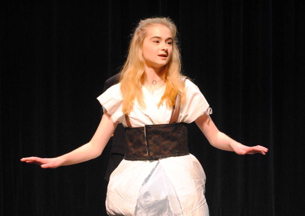 Anya Hondel rehearses a scene for the upcoming Soldotna High School musical Cinderella, which starts its run at the school&rsquo;s auditorium tonight through Saturday with performances starting at 6:30 p.m. (Photo by Kat Sorensen/Peninsula Clarion)