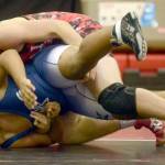 Kenai Central&rsquo;s Byron Dunham controls Soldotna&rsquo;s Eli Floyd at 195 pounds en route to a pin Thursday, Nov. 9, 2017, at Kenai Central High School. (Photo by Jeff Helminiak/Peninsula Clarion)
