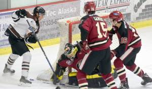 Kenai River&rsquo;s Connor Fedorek can&rsquo;t stuff the puck past Minot goaltender Samu Lonkila on Friday, Nov. 10, 2017, at the Soldotna Regional Sports Complex. (Photo by Jeff Helminiak/Peninsula Clarion)
