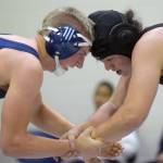 Soldotna&rsquo;s Hudson Metcalf and Colony&rsquo;s Frank Urbano tangle at 170 pounds in the third-place dual at the Peninsula Duals on Saturday, Nov. 11, 2017, at Nikiski High School. Urbano won 4-3. (Photo by Jeff Helminiak/Peninsula Clarion)