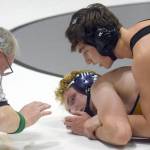 Colony&rsquo;s Eric Christy controls Homer&rsquo;s Chris Cudaback at 170 pounds en route to a 11-0 major decision in the championship dual of the Peninsula Duals on Saturday, Nov. 11, 2017, at Nikiski High School. (Photo by Jeff Helminiak/Peninsula Clarion)