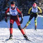 Kenai Central&rsquo;s Riana Boonstra (10) leads Seward&rsquo;s Ruby Lindquist early in the 2017 Kenai Peninsula Borough ski meet Feb. 11 on the Tsalteshi Trails. (Photo by Joey Klecka/Peninsula Clarion)