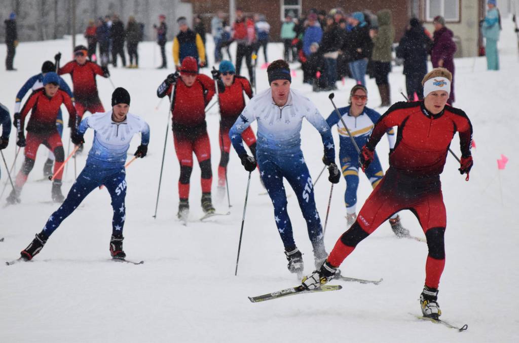 The boys field of skiers take off onto the Turkey Skate race course Tuesday afternoon on the Tsalteshi Trails in Soldotna. (Photo by Joey Klecka/Peninsula Clarion)