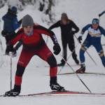 Kenai Central&rsquo;s Maria Salzetti leads a group of racers up Kill Bill hill Tuesday afternoon at the Turkey Skate race on the Tsalteshi Trails in Soldotna. (Photo by Joey Klecka/Peninsula Clarion)