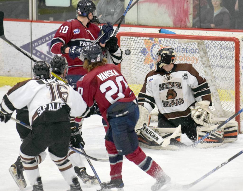 Fairbanks Ice Dogs forward Erkka Vanska (20) scores a goal on Kenai River Brown Bears goalie Gavin Enright on Friday, Nov. 24, 2017, at the Soldotna Regional Sports Complex. (Photo by Jeff Helminiak/Peninsula Clarion)