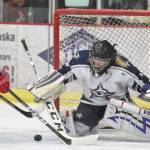 Soldotna&rsquo;s McKenzie Powell makes a save Friday, Dec. 1, 2017, at the Soldotna Regional Sports Complex. (Photo by Jeff Helminiak/Peninsula Clarion)