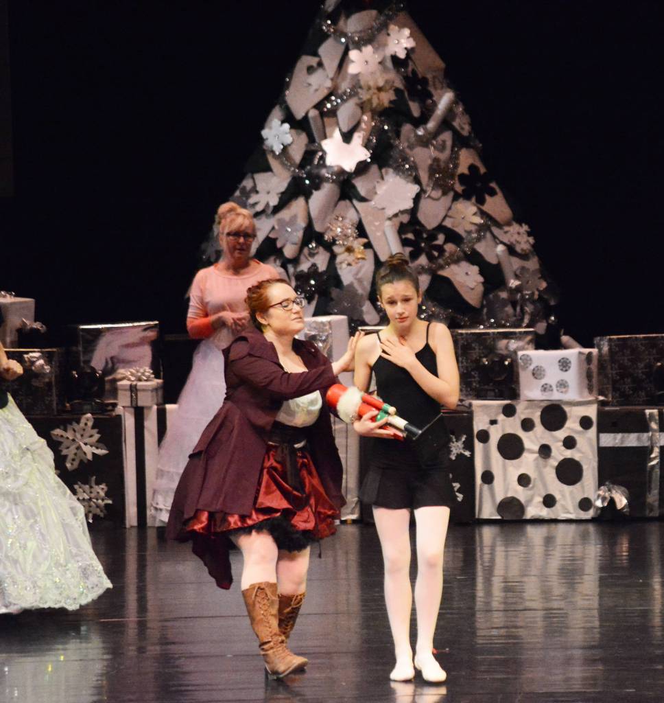 Hannah Heimbuch as Aunt Drosselmeyer, left, rehearses a scene with Ireland Styvar, right, as Little Clara at the Mariner Theatre Friday, Nov. 24, 2017 in Homer, Alaska for the Nutcracker Ballet. (Photo by Michael Armstrong, Homer News)