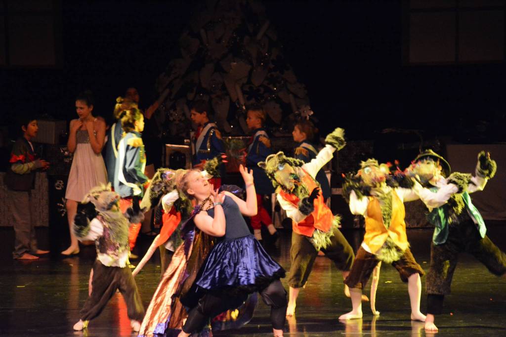 Daisy Kettle as Mistress Mousie, center, rehearses a scene with the rat army at the Mariner Theatre Friday, Nov. 24, 2017 in Homer, Alaska for the Nutcracker Ballet. (Photo by Michael Armstrong, Homer News)