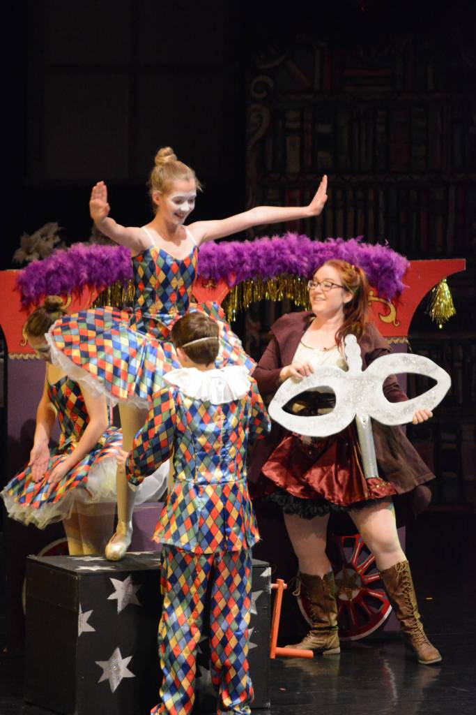 Hannah Heimbuch as Aunt Drosselmeyer, far right, rehearses a scene with Serena Funkhauser, left, Ava Halstead, center, and Lance Seneff, right, as the harlequin toys at the Mariner Theatre Friday, Nov. 24, 2017 in Homer, Alaska for the Nutcracker Ballet. (Photo by Michael Armstrong, Homer News)