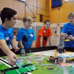 Team members from the Aurora Borealis &lsquo;Polar Bears&rsquo; practice their robots programming during Saturday&rsquo;s First Lego League at Aurora Borealis Charter School. The competition challenges students to solve an issue with legos, teamwork and some engineering. The team went home with the Champion&rsquo;s Award and will continue on to the state competition in Anchorage. (Photo by Kat Sorensen/Peninsula Clarion)