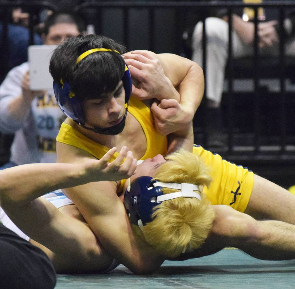 Homer junior Luciano Fasulo maintains control of Dillingham&rsquo;s Jesse Noden in the 132-pound final Saturday night at the Division II state wrestling championships at the Alaska Airlines Center in Anchorage. (Photo by Joey Klecka/Peninsula Clarion)