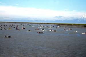 Boaters crowd the Kenai River near the Kenai City Dock on Thursday, July 21, 2016 in Kenai, Alaska. (Photo by Elizabeth Earl/Peninsula Clarion, file)