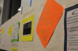 A timeline hanging on the wall explains the history of the &ldquo;