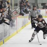 Kenai River forward Sacha Guillemain takes the puck up the ice Friday night against the Coulee Region (Wisconsin) Chill at the Soldotna Regional Sports Complex. (Photo by Joey Klecka/Peninsula Clarion)