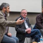 Rep. Sam Kito, D-Juneau, Sen. Dennis Egan, D-Juneau and Rep. Justin Parish, D-Juneau, answer questions from Juneau area residents about legislative priorities during a townhall meeting at the Mendenhall Valley Public Library on Thursday, Jan. 11, 2018. (Michael Penn | Juneau Empire)