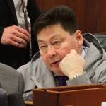 In this Jan. 17, 2017, file photo, state Rep. Dean Westlake, D-Kotzebue, talks with another legislator during a break in the opening session of the Alaska Legislature in Juneau, Alaska. The Alaska Legislature opens a new session Tuesday, Jan. 16, 2018, amid lingering fallout from the resignation of Westlake, accused of inappropriate behavior toward female aides. (AP Photo/Mark Thiessen, File)