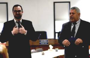 Borough Mayor Charlie Pierce and Chief of Staff John Quick speak to the attendees at Pierce&rsquo;s swearing-in ceremony at the George A. Navarre Borough Administration Building on Monday, Nov. 6, 2017 in Soldotna, Alaska. (Photo by Elizabeth Earl/Peninsula Clarion, file)