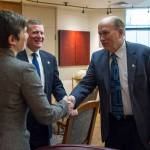 Rep. Ivy Spohnholz, D-Anchorage, left, and Rep. Chuck Kopp, R-Anchorage, deliver a message to Gov. Bill Walker that the House is open for business on Tuesday, Jan. 16, 2018. Legislators returned to Alaska&rsquo;s Capitol to open the Second Session of the 30th Legislature on Tuesday. (Michael Penn | Juneau Empire)