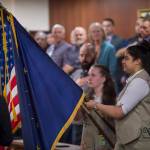 Girl Scouts Amara Sanguni, right, and Devin Moorehead bring in the state and national flags as legislators return to Alaska&rsquo;s Capitol to open the Second Session of the 30th Legislature on Tuesday, Jan. 16, 2018. (Michael Penn | Juneau Empire)