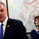 Sen. Lisa Murkowski, R-Alaska, right, listens as Interior Secretary Ryan Zinke, right, speaks during an event in her office on Capitol Hill in Washington, Monday, Jan. 22, 2018. Murkowski was joined by other Alaskan officials regarding the Interior Department&rsquo;s decision to the construction of a road through a national wildlife refuge in Alaska. The road would connect the communities of King Cove and Cold Bay, which has an all-weather airport needed for emergency medical flights. (AP Photo/Susan Walsh)