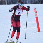 Kenai Central&rsquo;s Addison Gibson powers her way to the finish line Friday afternoon in the Kenai Klassic races at the Tsalteshi Trails in Soldotna. (Photo by Joey Klecka/Peninsula Clarion)