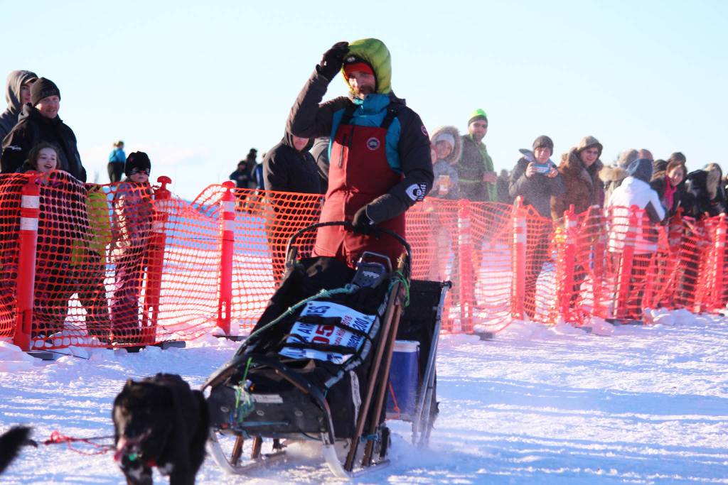 Musher Lance Mackey takes off from the starting line of the Tustumena 200 Sled Dog Race with his team Saturday, Jan. 27, 2018 at Freddie&rsquo;s Roadhouse in Ninilchik, Alaska. Lance returns to the race this year after being absent since about 2010, he said. The race was also canceled three years in a row from 2014-2016. (Photo by Megan Pacer/Homer News)