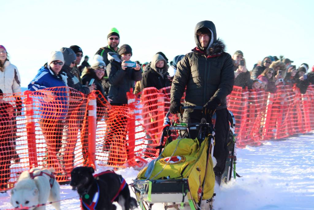 Musher Nicolas Petit takes off with his team from the starting line of this year&rsquo;s Tustumena 200 Sled Dog Race on Saturday, Jan. 27, 2018 at Freddie&rsquo;s Roadhouse in Ninilchik, Alaska. Petit, who took second place in last year&rsquo;s T200, was the first to start this year and also the first to reach the McNeil Canyon checkpoint. (Photo by Megan Pacer/Homer News)