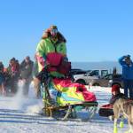 Monica Zappa, in her telltale neon garb, takes off with her team from the starting line of this year&rsquo;s Tustumena 200 Sled Dog Race on Saturday, Jan. 27, 2018 at Freddie&rsquo;s Roadhouse in Ninilchik, Alaska. (Photo by Megan Pacer/Homer News)