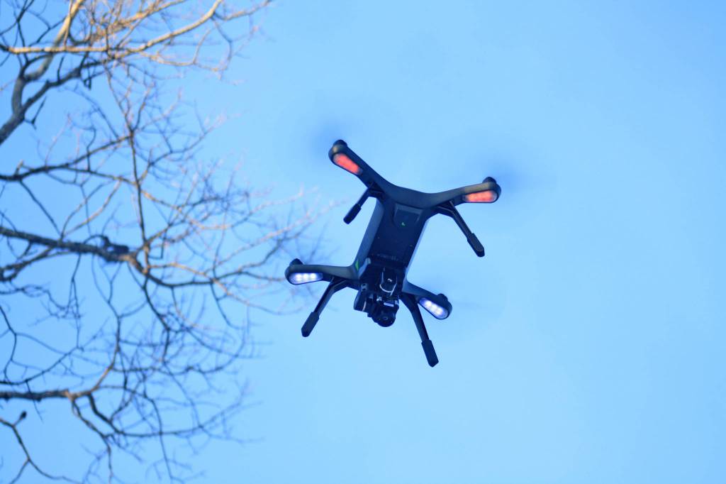 A 3DR surveillance drone flies above a prescribed burn area in the Kenai National Wildlife Refuge on Thursday, Feb. 1. (Photo by Erin Thompson/Peninsula Clarion)