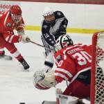 Soldotona&rsquo;s Alex Montague puts a shot on Wasilla goalie Aaron Campbell Thursday night in a North Star Conference tournament semifinal at the Soldotna Regional Sports Complex. (Photo by Joey Klecka/Peninsula Clarion)